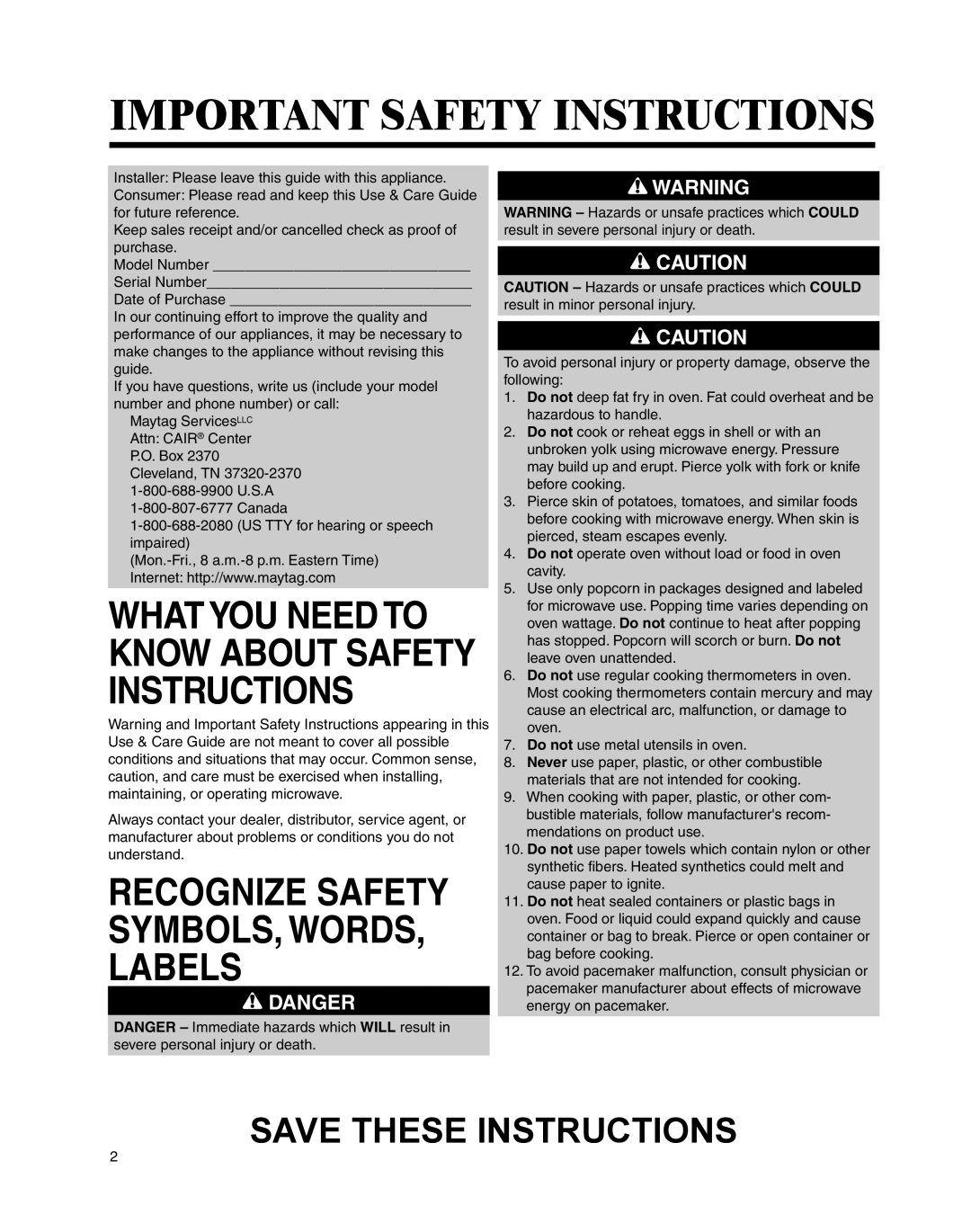 Whirlpool MMV4205BA important safety instructions Important Safety Instructions 