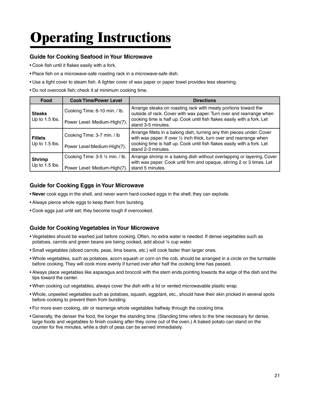 Whirlpool MMV4205BA important safety instructions Food Cook Time/Power Level Directions, Steaks, Fillets, Shrimp 
