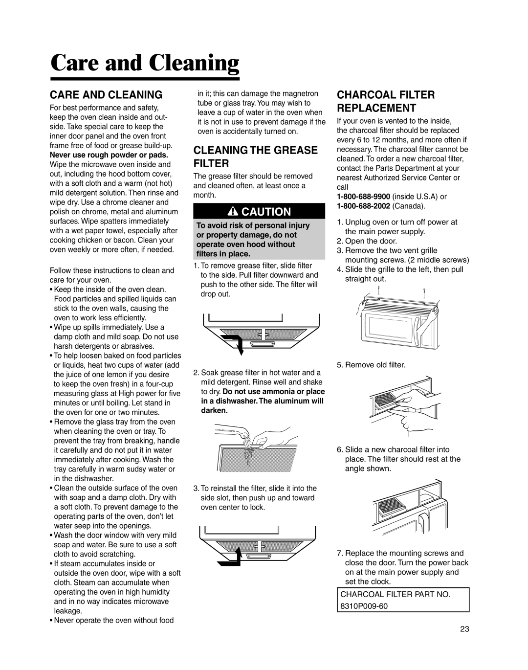 Whirlpool MMV4205BA Care and Cleaning, Cleaning the Grease Filter, Charcoal Filter Replacement 