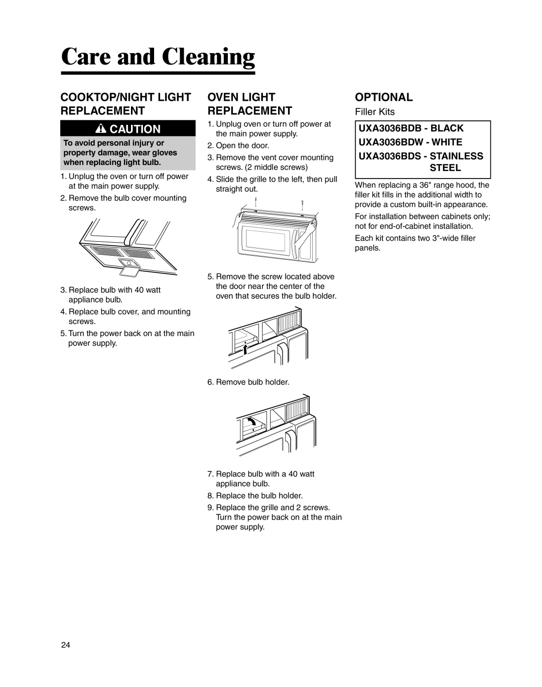 Whirlpool MMV4205BA important safety instructions COOKTOP/NIGHT Light Replacement, Oven Light Replacement, Optional 