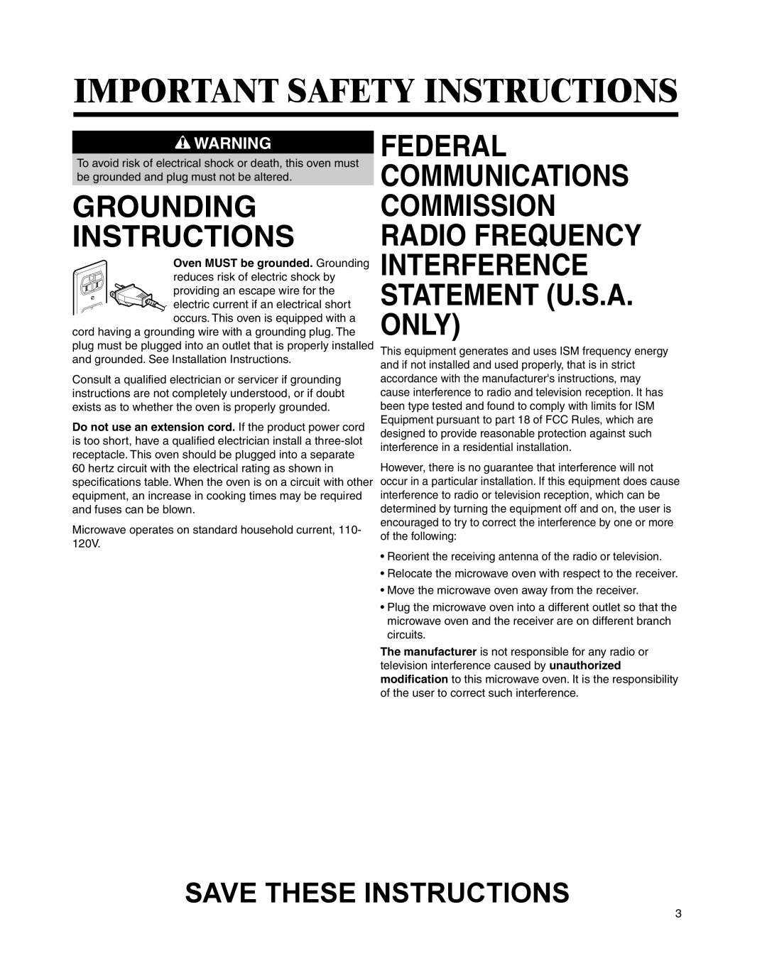 Whirlpool MMV4205BA Grounding Instructions, Microwave operates on standard household current, 110 