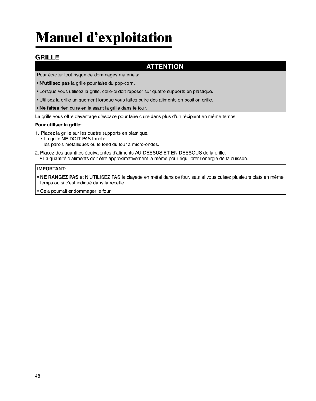 Whirlpool MMV4205BA important safety instructions Grille, Pour utiliser la grille 