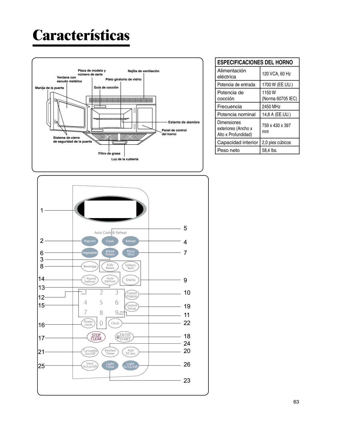 Whirlpool MMV4205BA important safety instructions Características, Especificaciones DEL Horno 