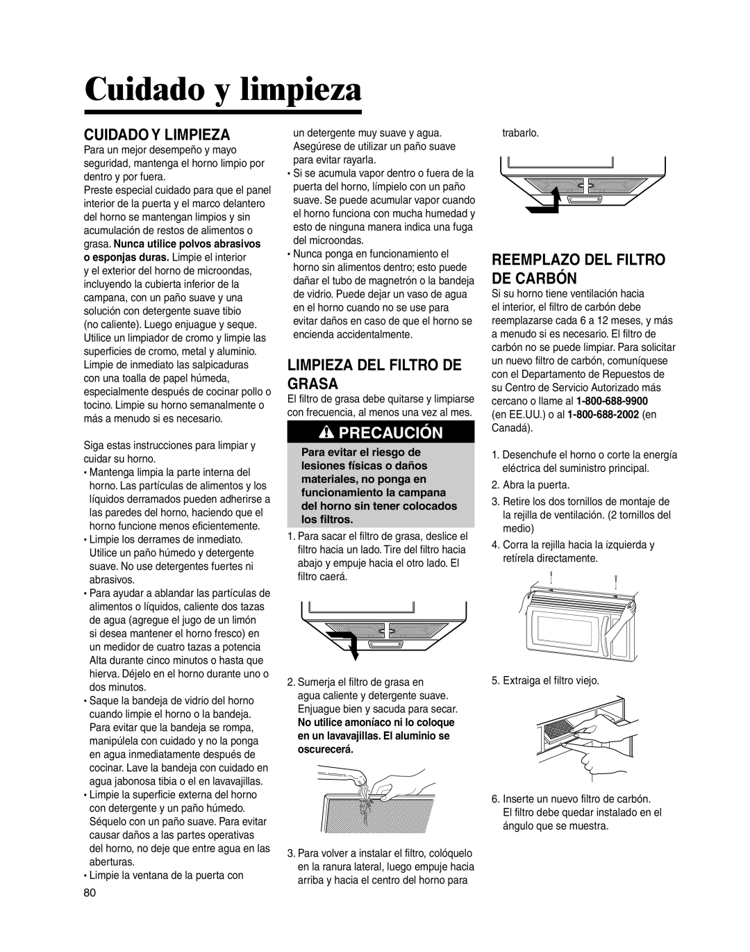 Whirlpool MMV4205BA Cuidado y limpieza, Cuidado Y Limpieza, Limpieza DEL Filtro DE Grasa, Reemplazo DEL Filtro DE Carbón 