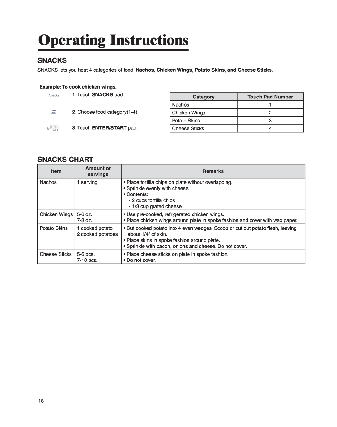 Whirlpool MMV4205BA important safety instructions Snacks Chart, Operating Instructions 