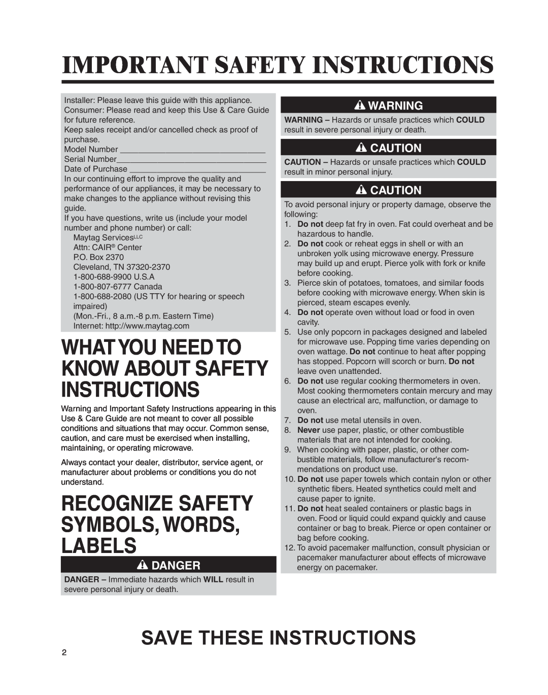 Whirlpool MMV4205BA Important Safety Instructions, Recognize Safety Symbols, Words, Labels, Save These Instructions 