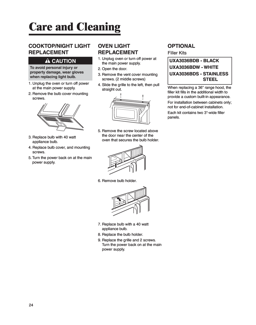 Whirlpool MMV4205BA Cooktop/Night Light Replacement, Oven Light Replacement, Optional, Filler Kits, Care and Cleaning 