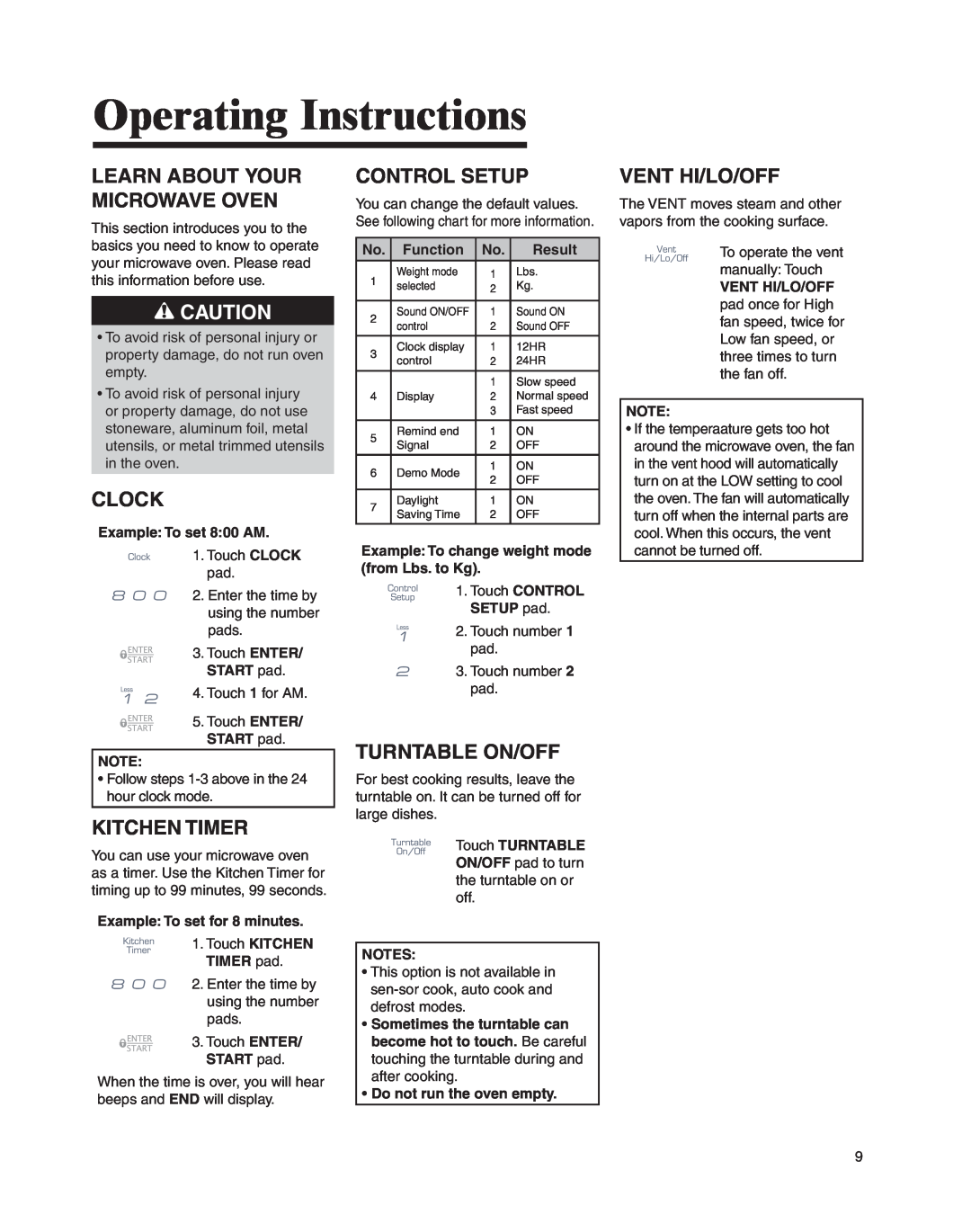Whirlpool MMV4205BA Operating Instructions, Learn About Your Microwave Oven, Clock, Kitchen Timer, Control Setup 