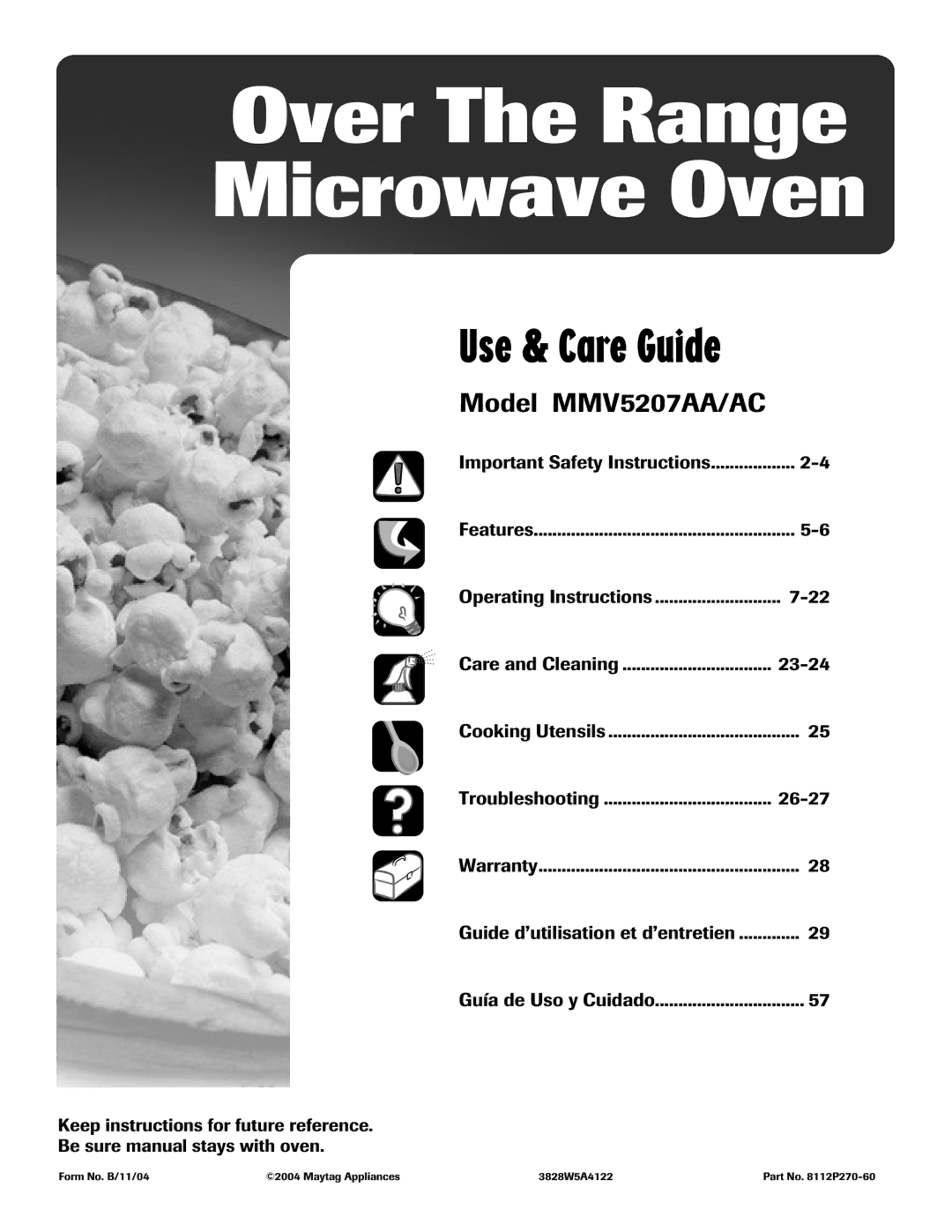 Whirlpool MMV5207AA/AC important safety instructions Guía de Uso y Cuidado, Features, Warranty 