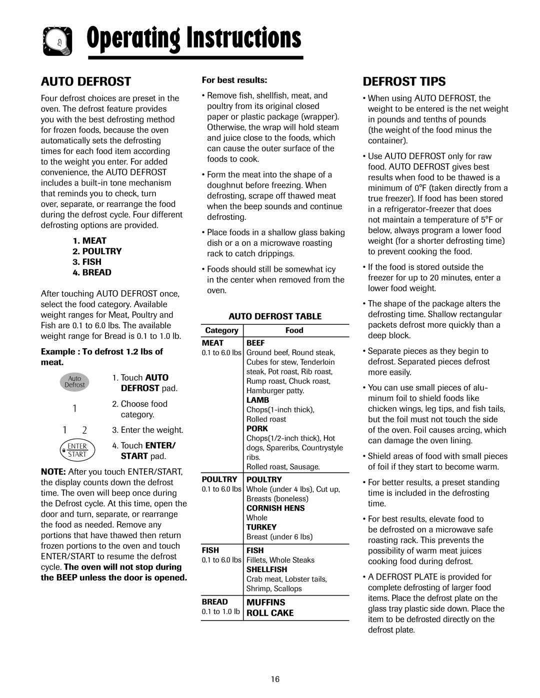 Whirlpool MMV5207AA/AC important safety instructions Defrost Tips, Meat Poultry Fish Bread, Auto Defrost Table, Muffins 