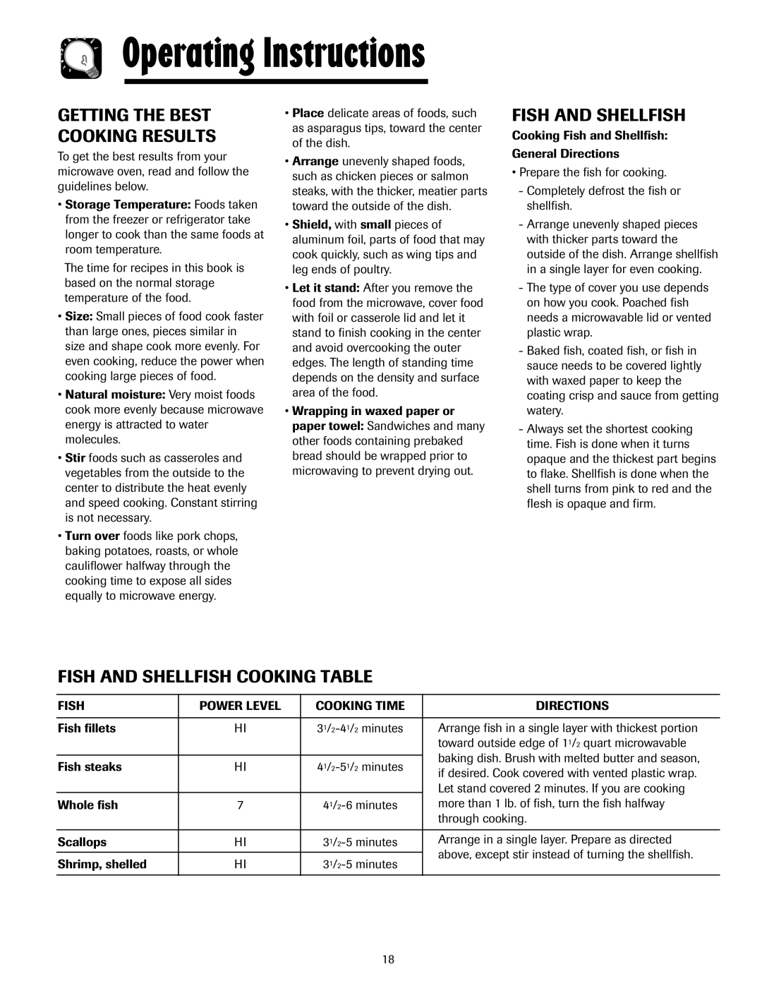 Whirlpool MMV5207AA/AC important safety instructions Fish and Shellfish Cooking Table, Getting the Best Cooking Results 