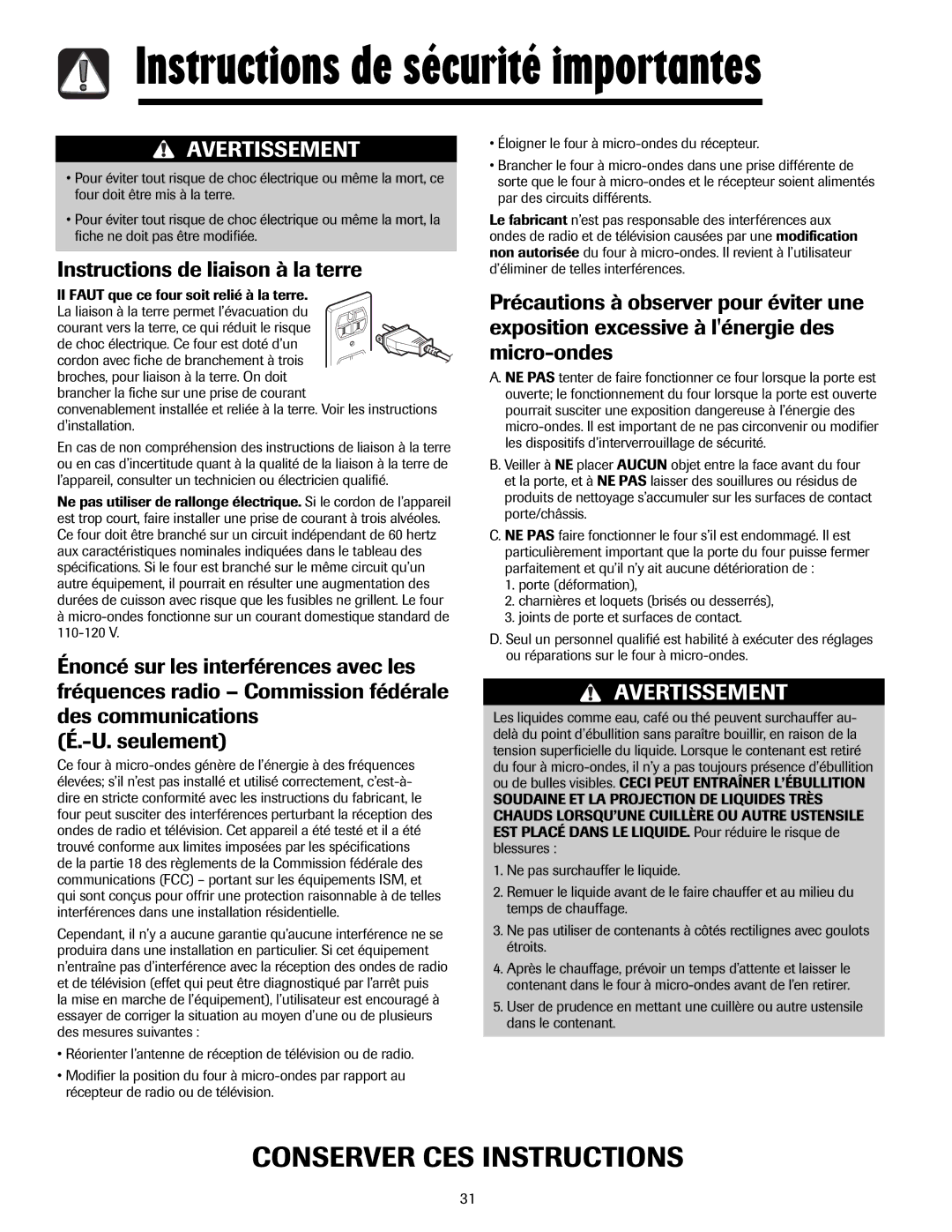 Whirlpool MMV5207AA/AC Instructions de liaison à la terre, Courant vers la terre, ce qui réduit le risque 