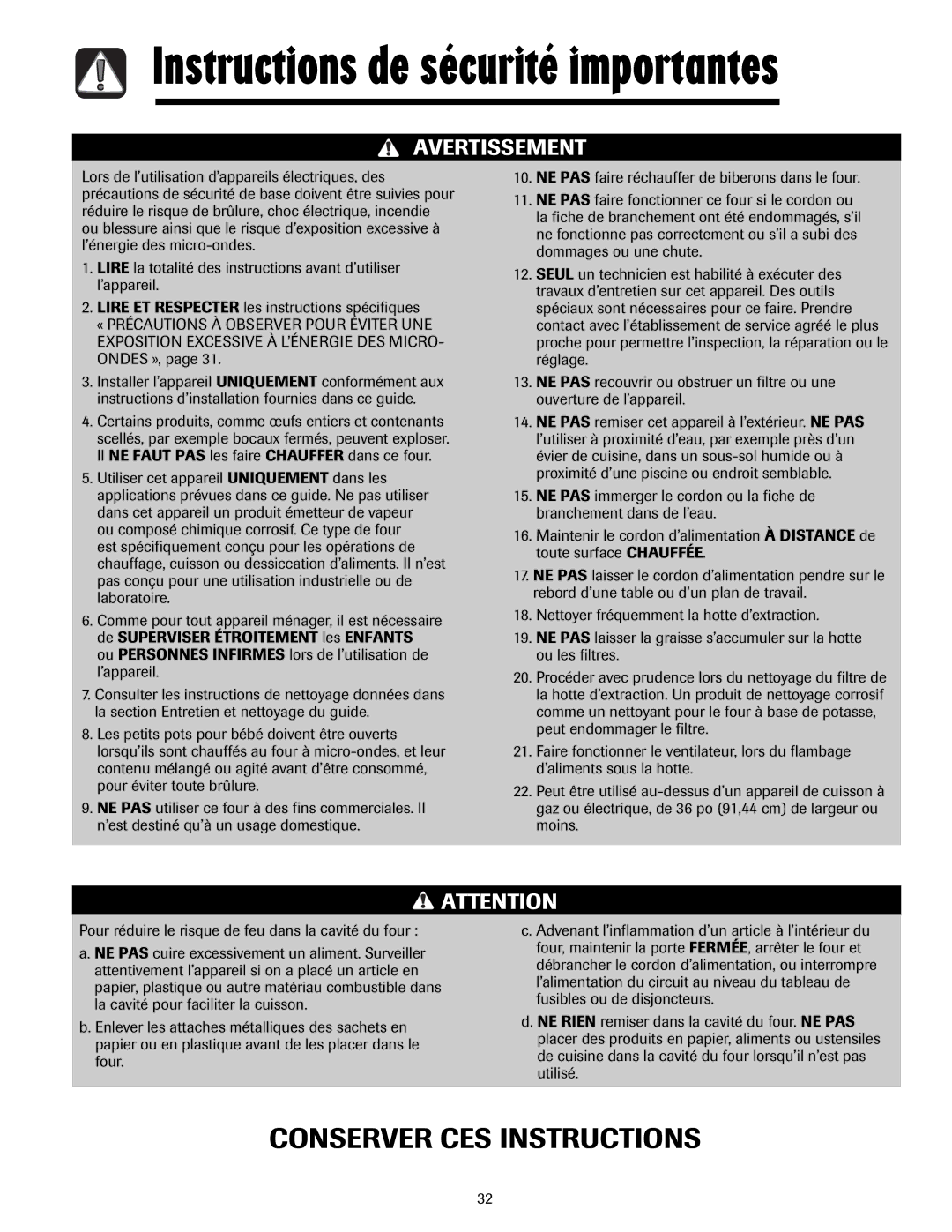 Whirlpool MMV5207AA/AC important safety instructions Instructions de sécurité importantes 