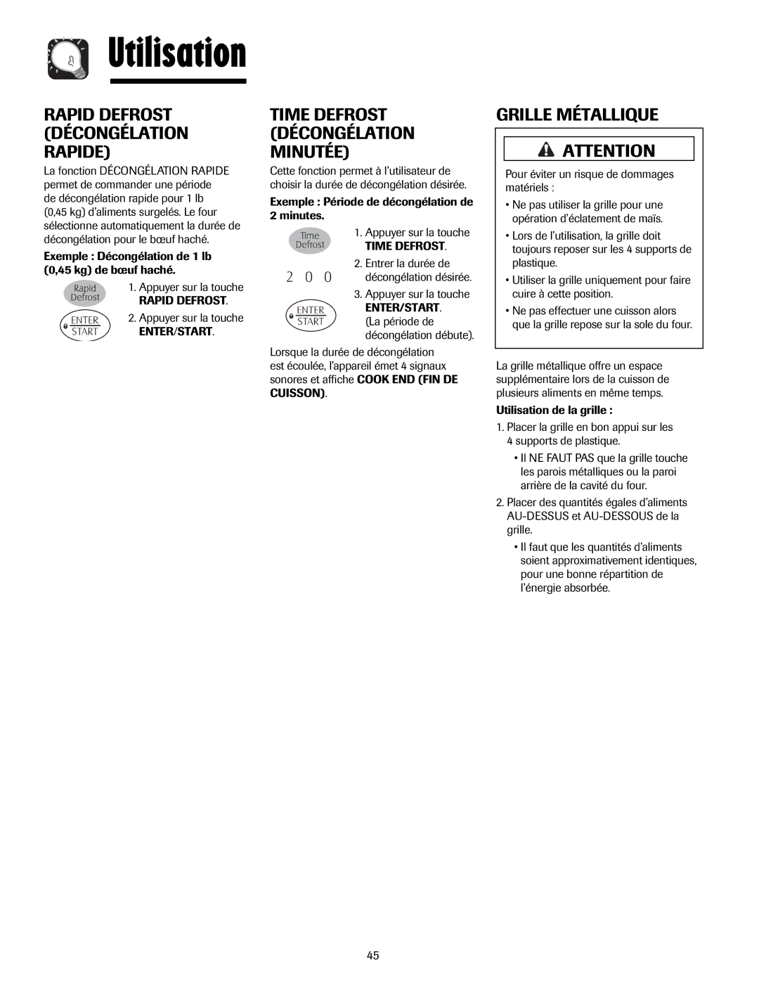 Whirlpool MMV5207AA/AC Grille Métallique, Rapid Defrost Décongélation Rapide, Time Defrost Décongélation Minutée 