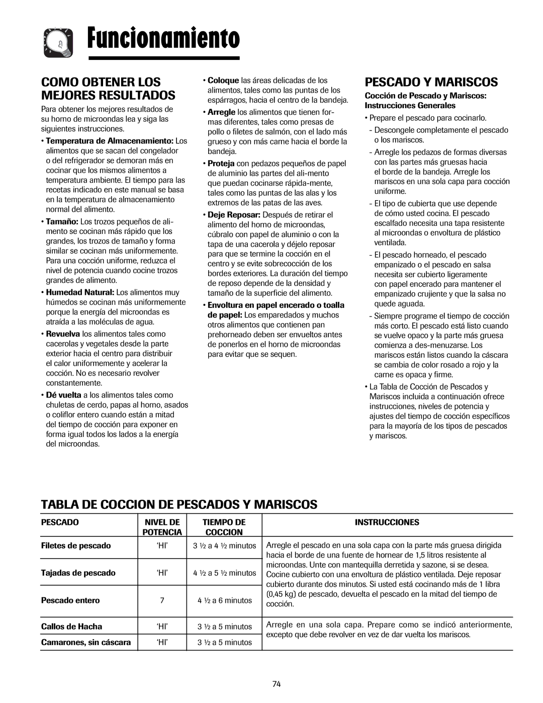 Whirlpool MMV5207AA/AC Pescado Y Mariscos, Tabla DE Coccion DE Pescados Y Mariscos, Como Obtener LOS Mejores Resultados 