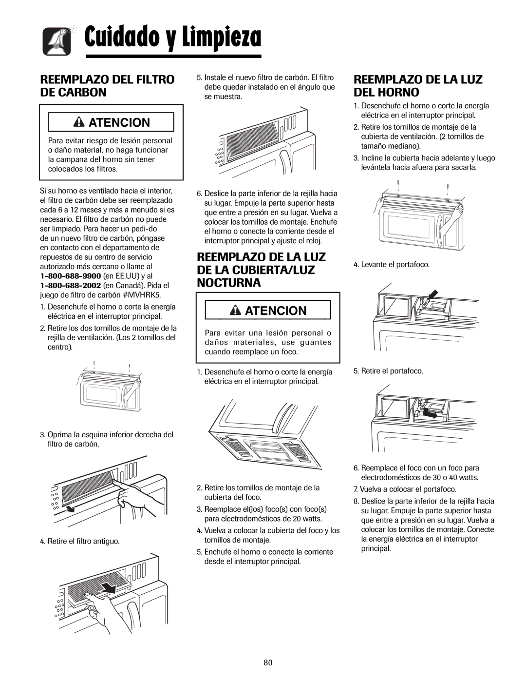 Whirlpool MMV5207AA/AC important safety instructions Reemplazo DEL Filtro DE Carbon, Reemplazo DE LA LUZ DEL Horno 