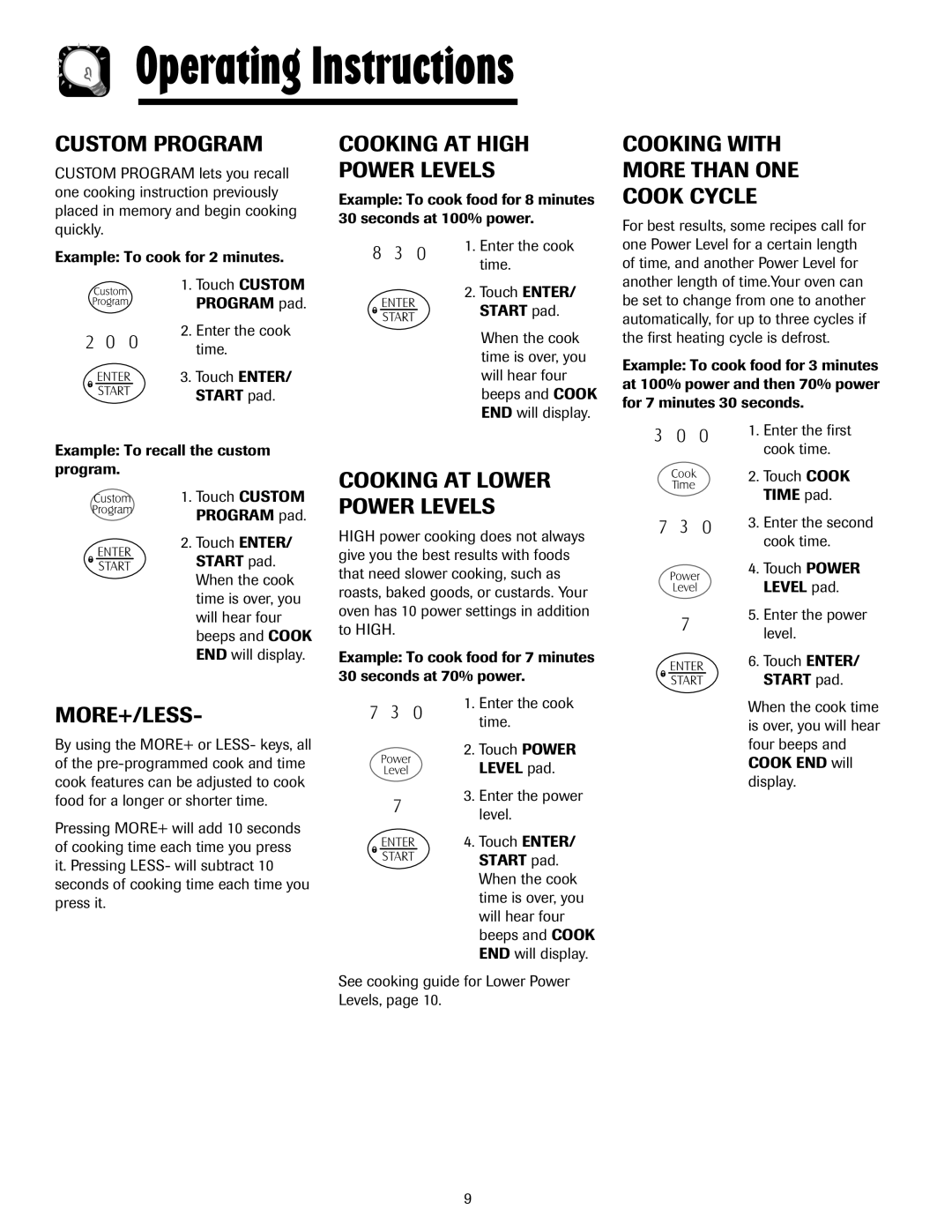 Whirlpool MMV5207AA/AC Custom Program, More+/Less, Cooking AT High Power Levels, Cooking with More than ONE Cook Cycle 