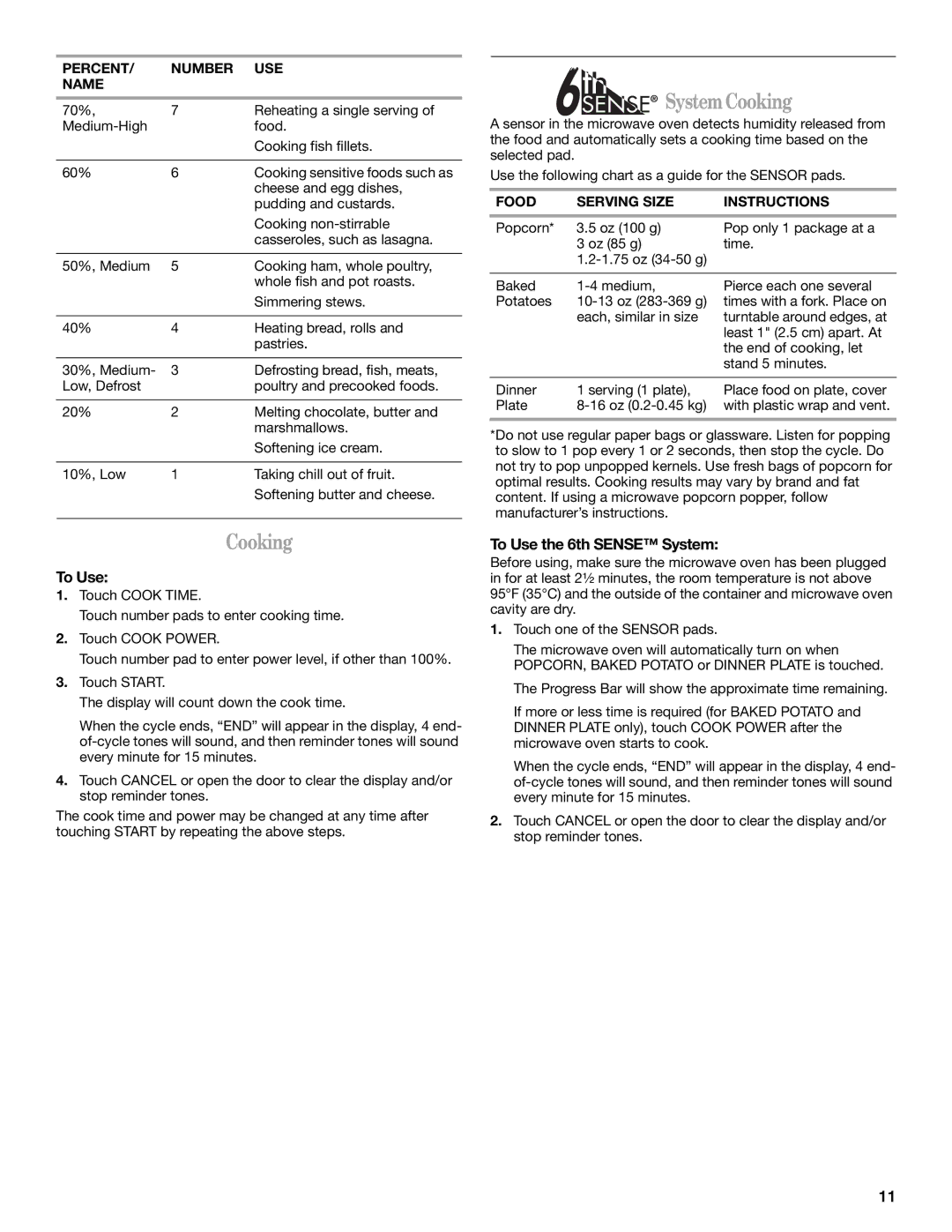 Whirlpool Model GH5184XP manual System Cooking, To Use the 6th Sense System, Food Serving Size Instructions 