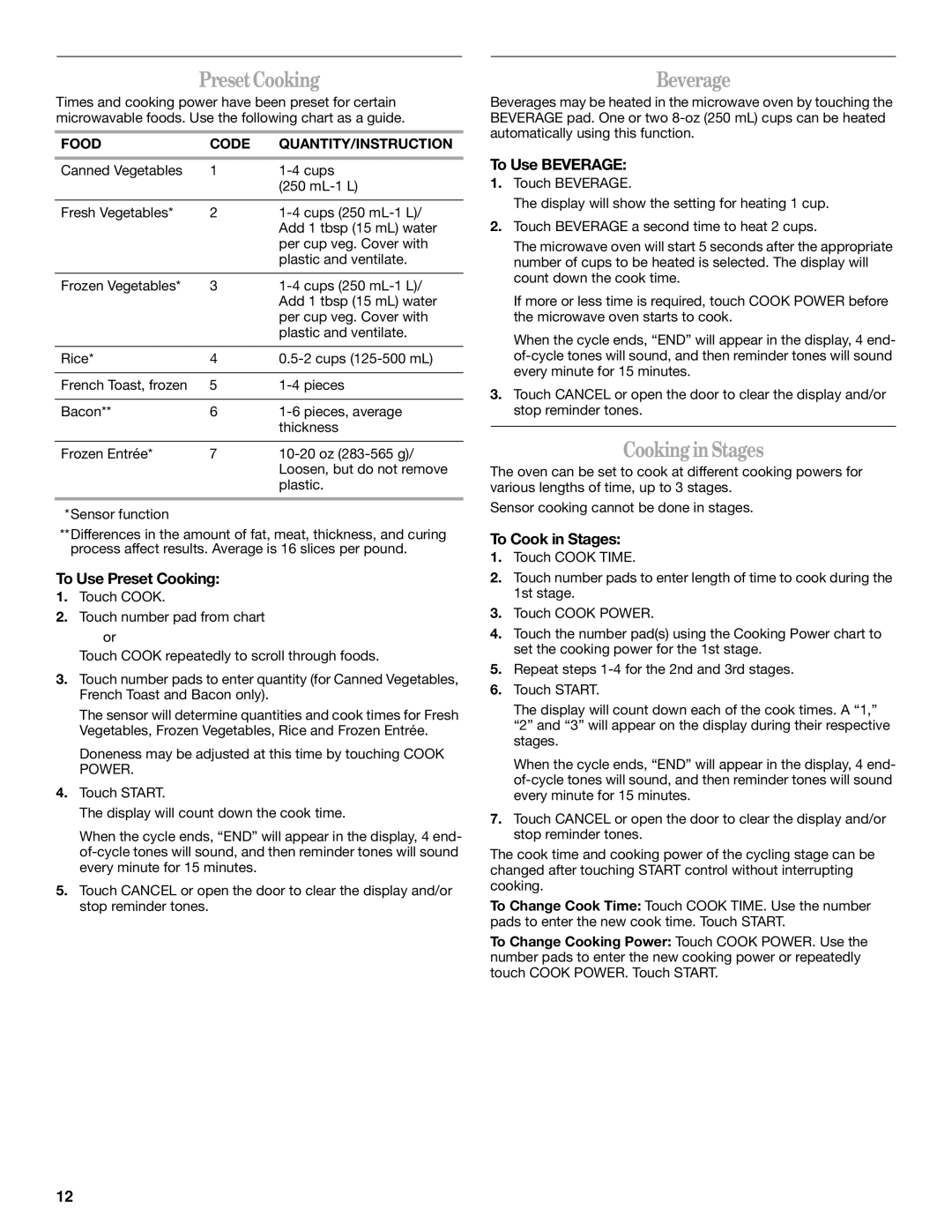 Whirlpool Model GH5184XP manual Preset Cooking, Beverage, Cooking in Stages 