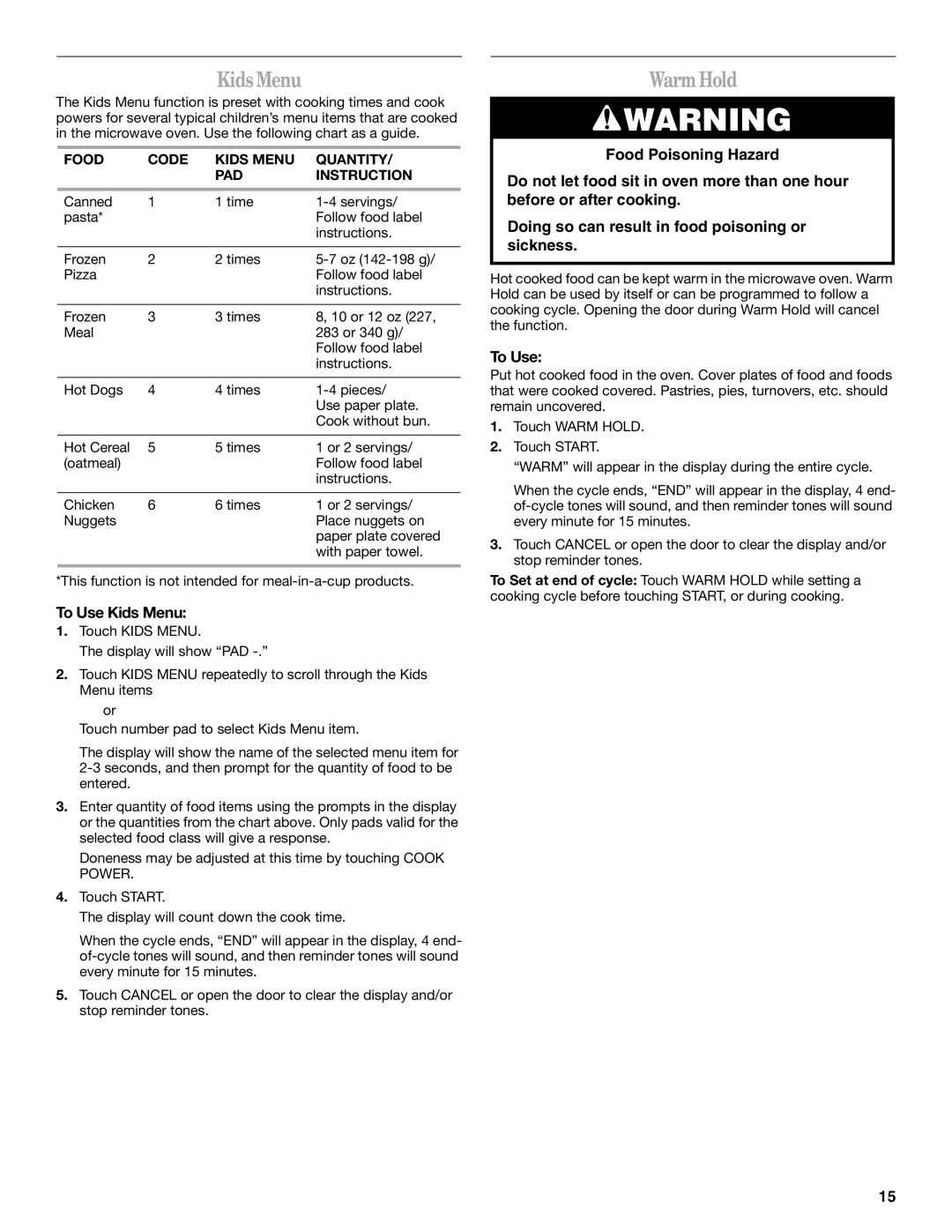 Whirlpool Model GH5184XP manual Warm Hold, To Use Kids Menu, Food Code Kids Menu Quantity PAD Instruction 