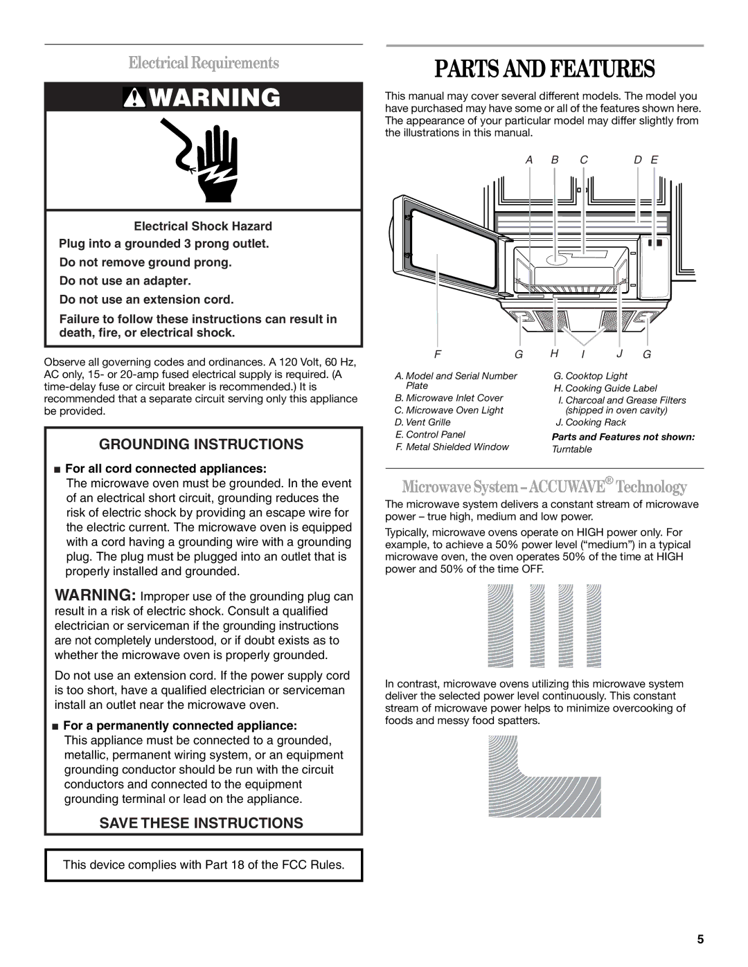 Whirlpool Model GH5184XP manual Parts and Features, Electrical Requirements 