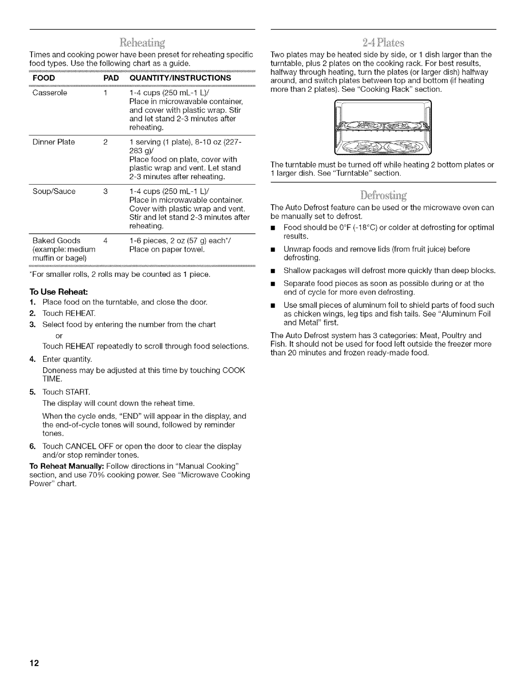 Whirlpool MODEL MH1170XS manual Food PAD QUANTITY/INSTRUCTION S, To Use Reheat 