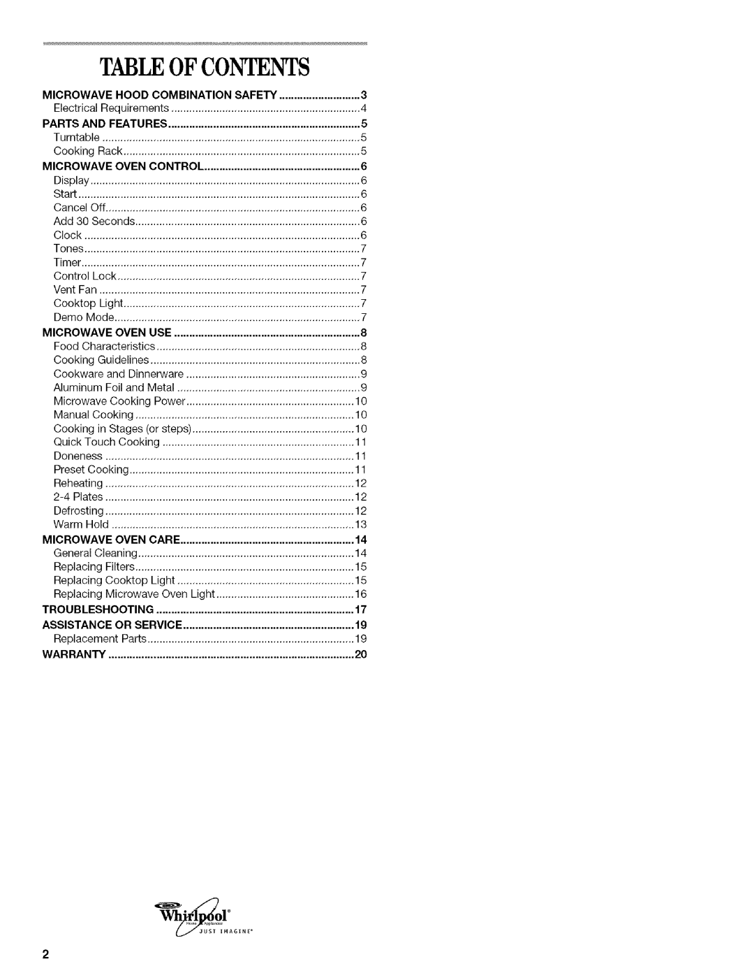 Whirlpool MODEL MH1170XS manual Tableof Contents 