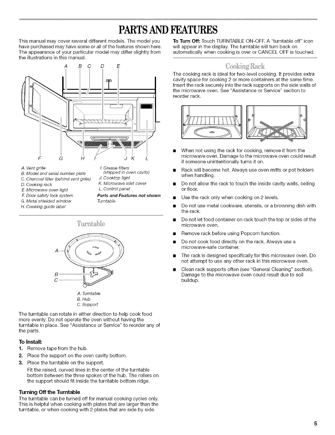 Whirlpool MODEL MH1170XS manual Partsandfeatures 