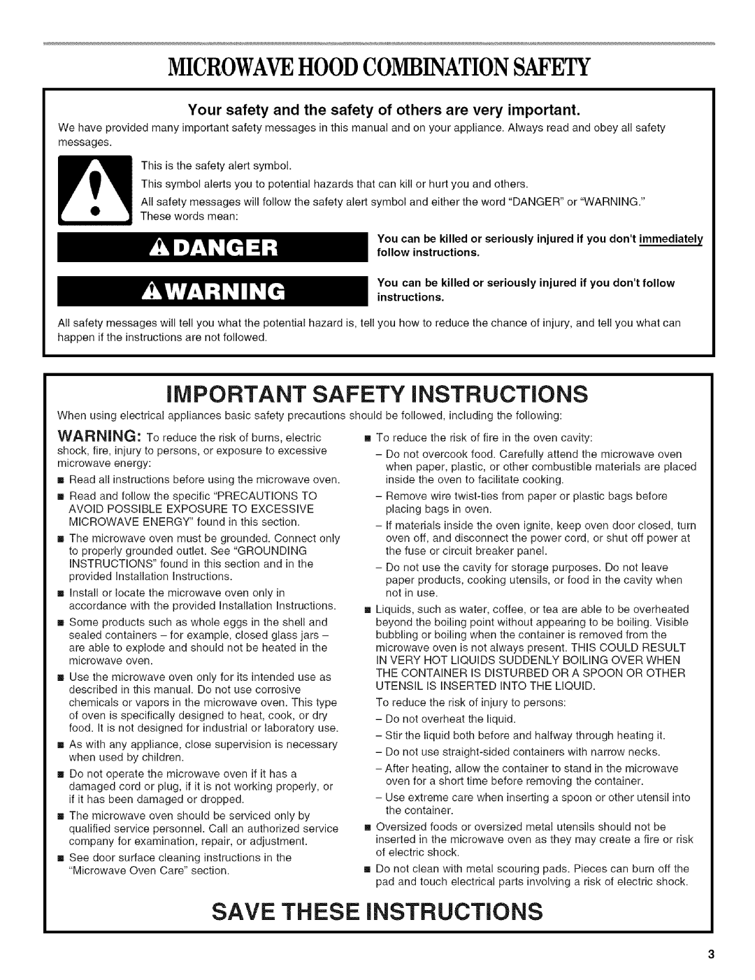 Whirlpool MODEL MH1170XS manual Microwavehoodcombinationsafety, Safety, Save These Instructions 