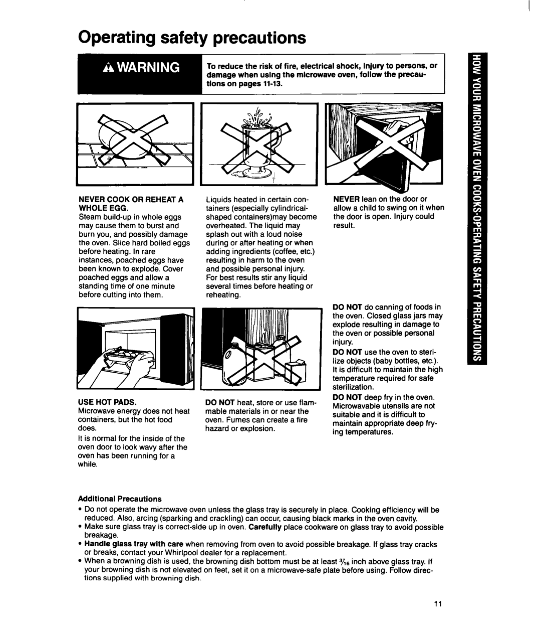 Whirlpool MS1060XY manual Operating safety precautions, Never Cook or Reheat a Whole EGG, USE HOT Pads 