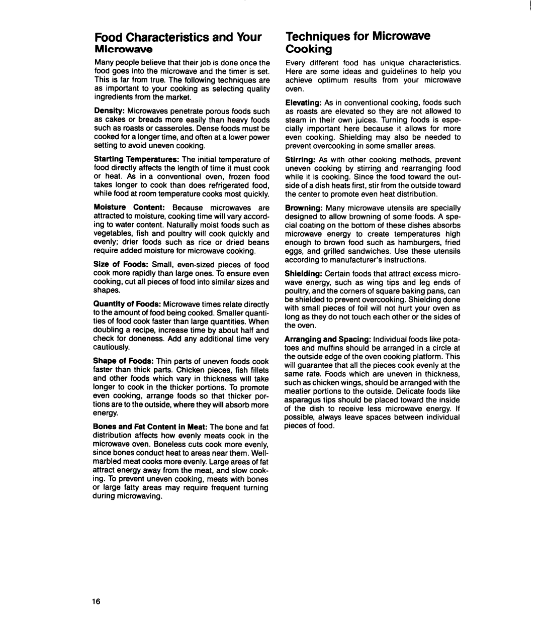 Whirlpool MS1060XY manual Food Characteristics and Your, Techniques for Microwave Cooking 