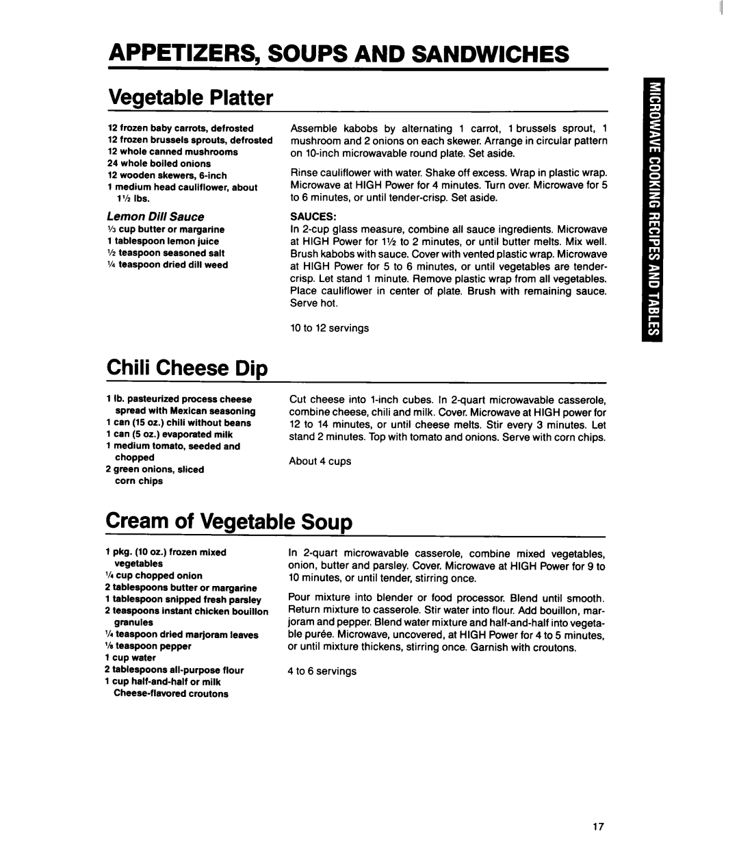 Whirlpool MS1060XY manual APPETIZERS, Soups and Sandwiches, Vegetable Platter, Chili Cheese Dip, Cream of Vegetable Soup 