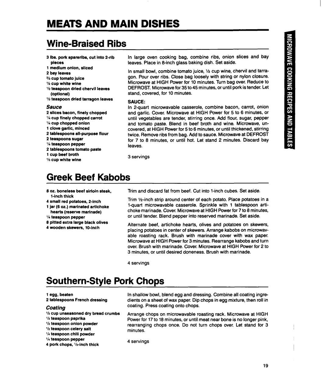 Whirlpool MS1060XY manual Meats and Main Dishes, Wine-Braised Ribs, Greek Beef Kabobs, Southern-Style Pork Chops 