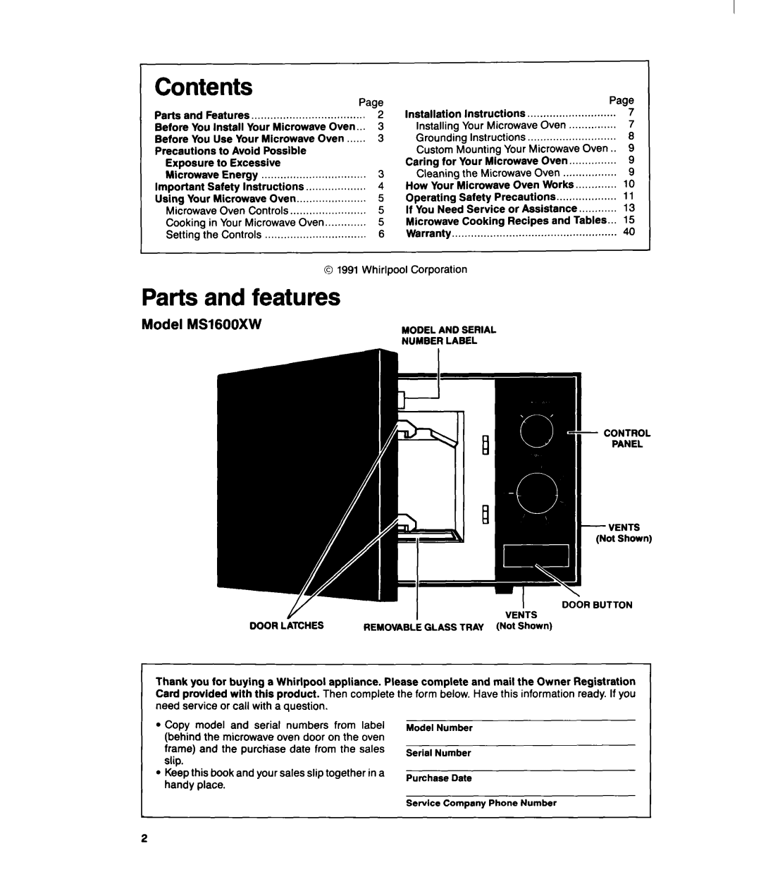 Whirlpool MS1060XY manual Contents, Parts and features 