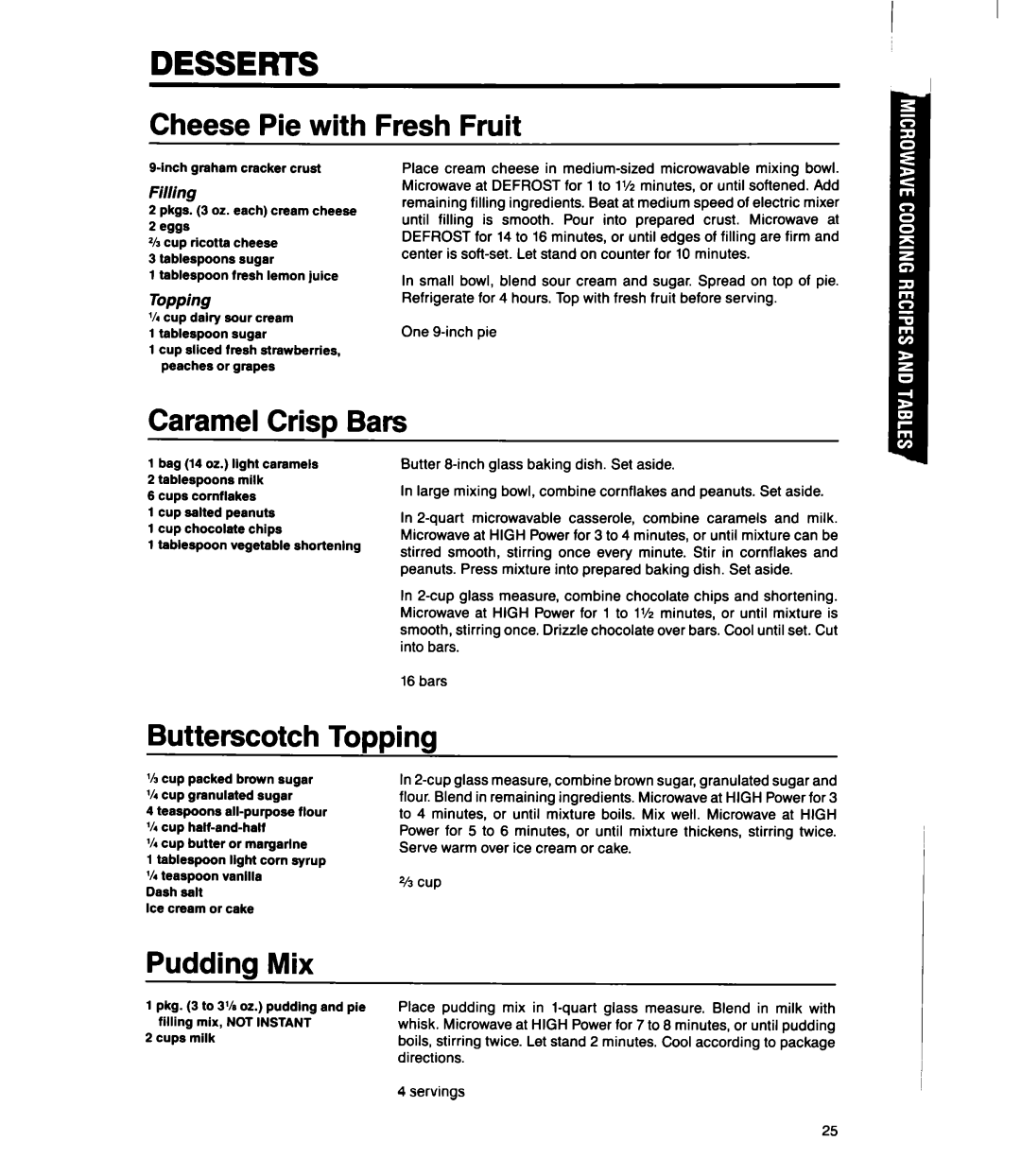 Whirlpool MS1060XY manual Desserts, Cheese Pie with Fresh Fruit, Caramel Crisp Bars, Butterscotch Topping, Pudding Mix 