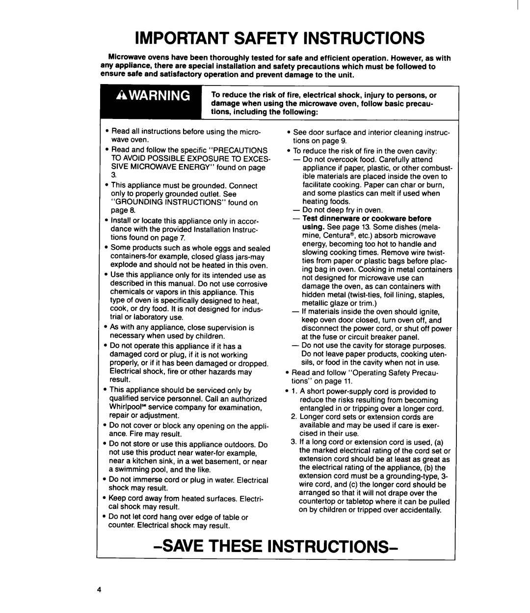 Whirlpool MS1060XY manual Important Safety Instructions, Read and follow Operating Safety Precau- tions on 