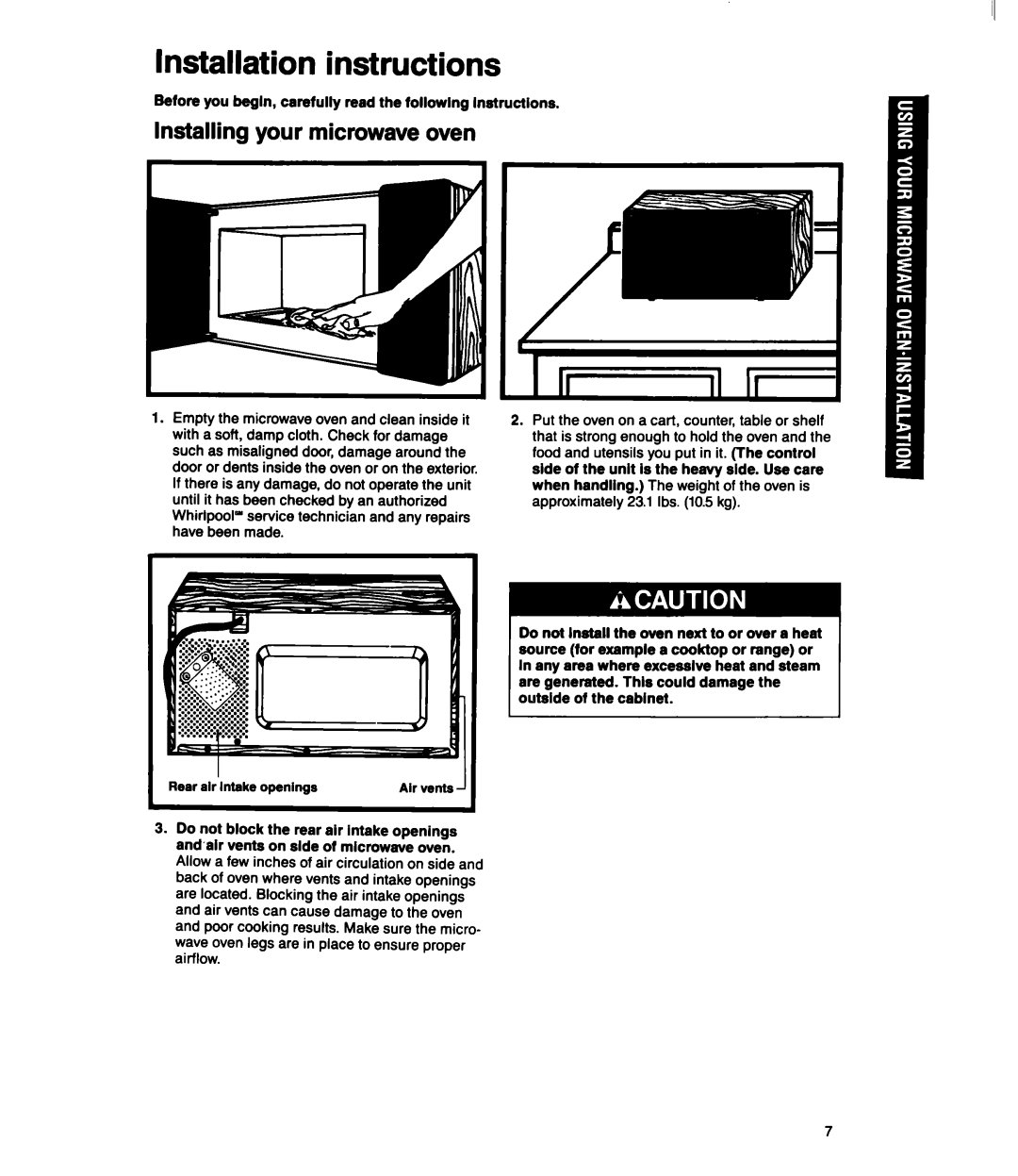 Whirlpool MS1060XY manual Installation instructions, Installing your microwave oven 