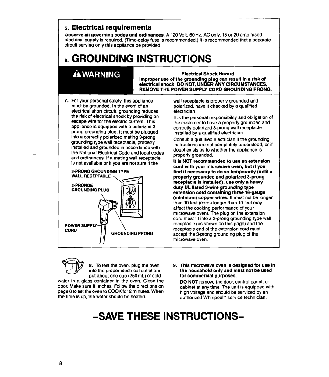 Whirlpool MS1060XY manual Electrical requirements, Electrical Shock Hazard 