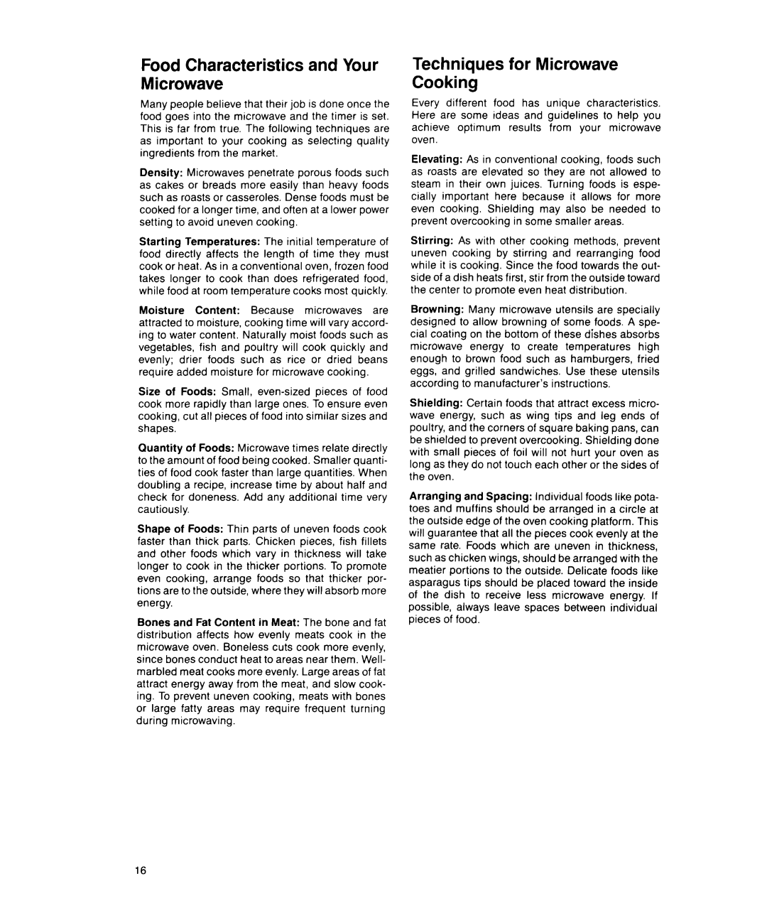 Whirlpool MS1600XW manual Food Characteristics and Your Microwave, Techniques for Microwave Cooking 