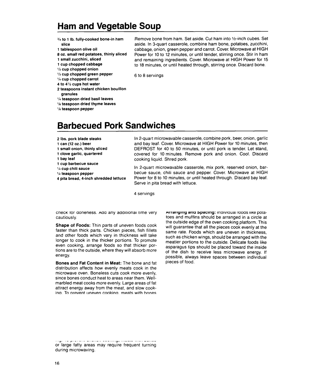 Whirlpool MS1600XW manual Ham and Vegetable Soup, Pork, Bacon-Cheese Burgers 