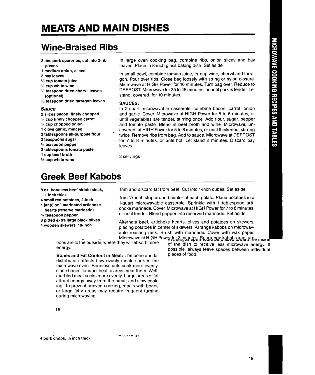 Whirlpool MS1600XW manual Meats and Main Dishes, Wine-Braised Ribs, Greek Beef Kabobs, Southern-Style Pork Chops 