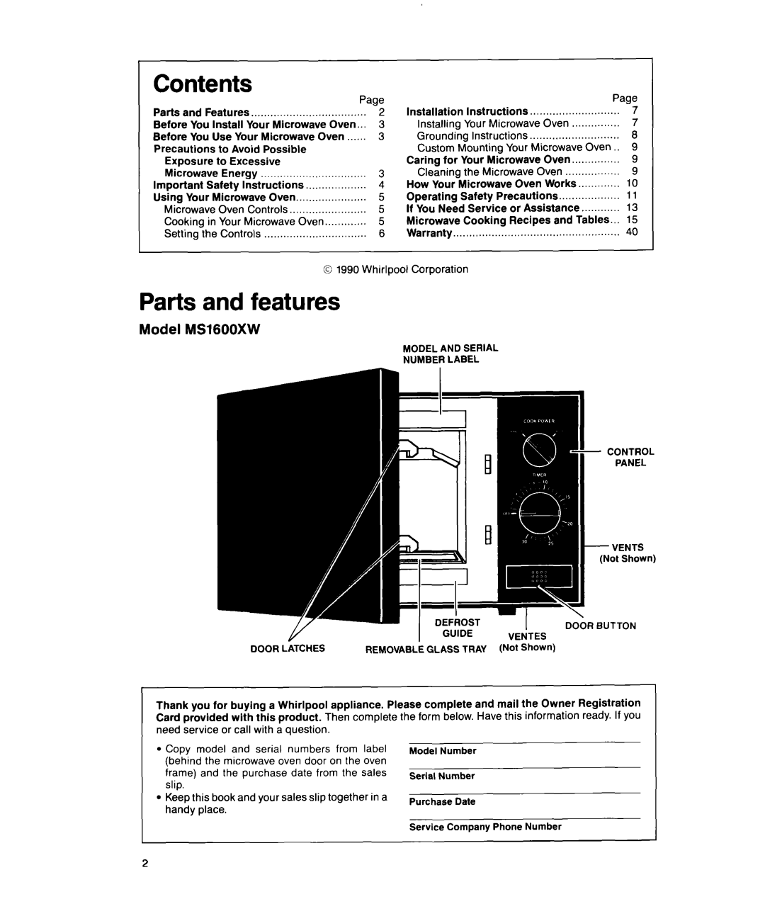 Whirlpool MS1600XW manual Contents, Parts and features 