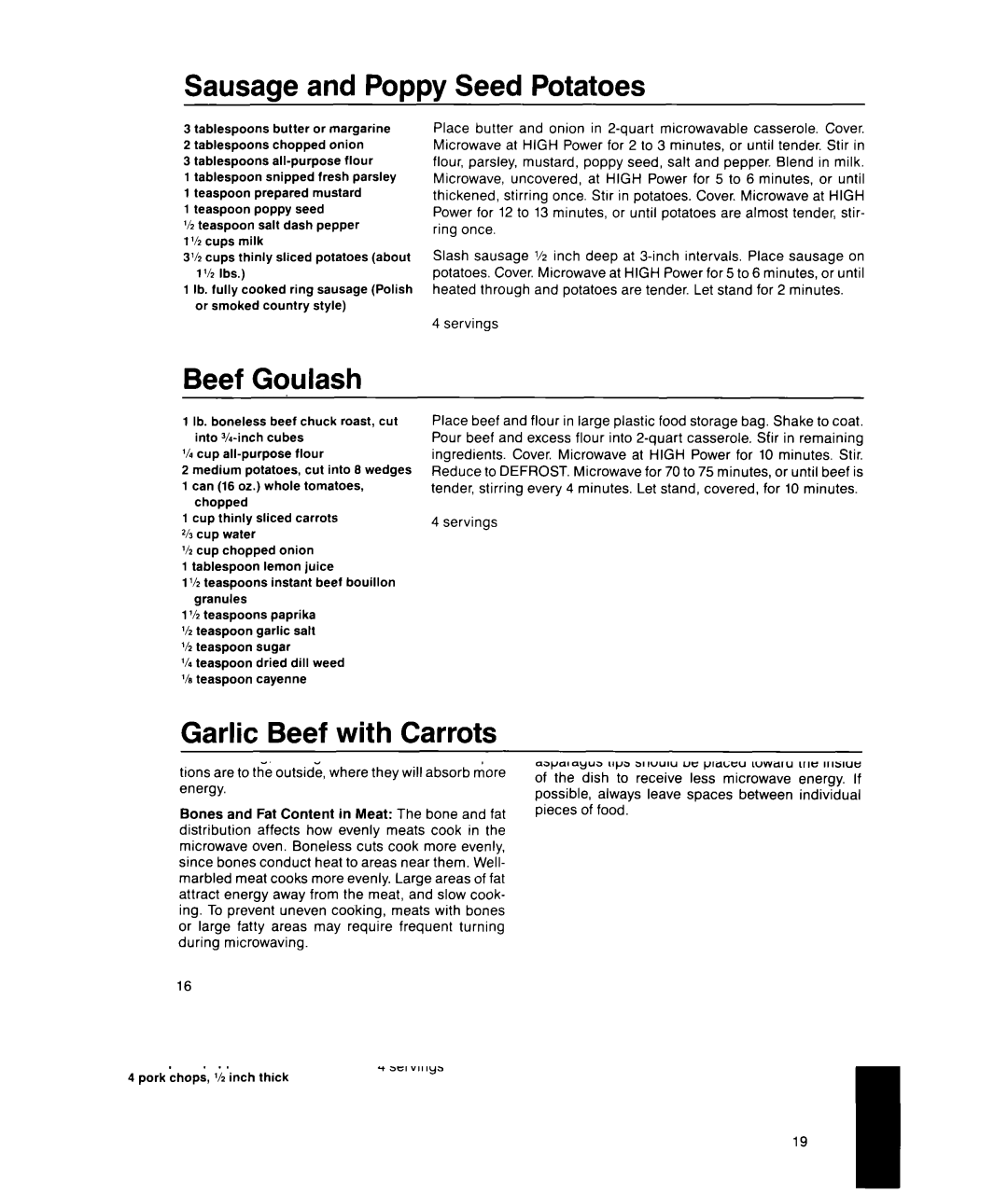 Whirlpool MS1600XW manual Sausage and Poppy Seed Potatoes, Beef Goulash, Garlic Beef with Carrots, Marinade 