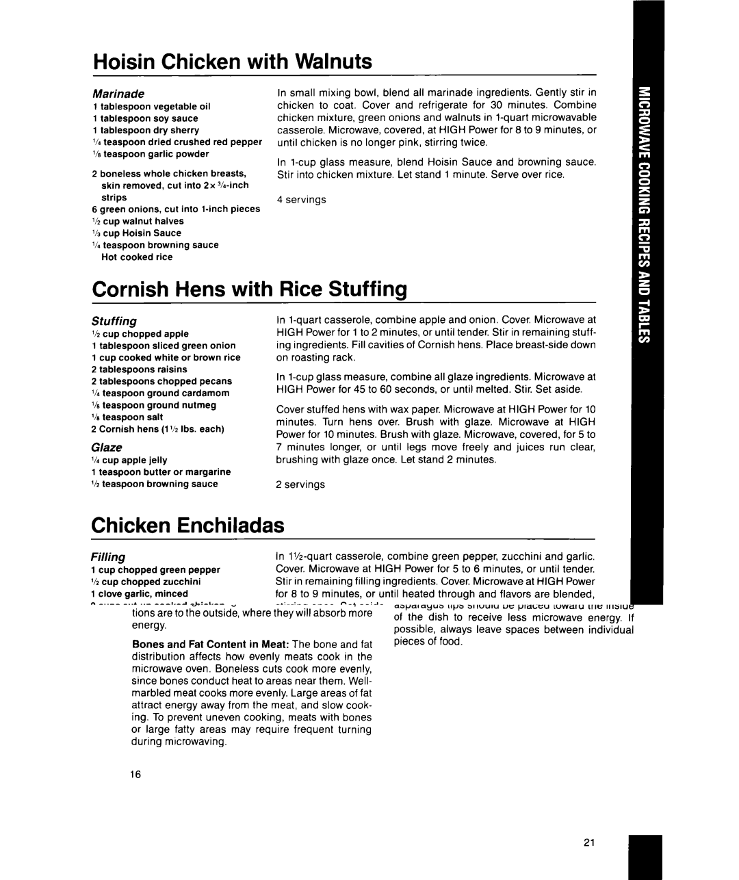 Whirlpool MS1600XW manual Hoisin Chicken with Walnuts, Cornish Hens with Rice Stuffing, Chicken Enchiladas 