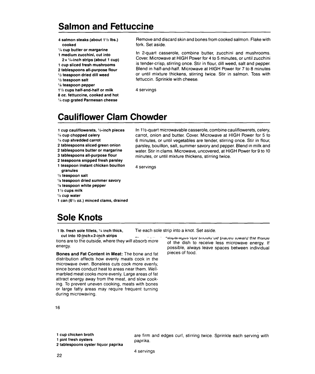 Whirlpool MS1600XW manual Salmon and Fettuccine, Cauliflower Clam Chowder, Sole Knots, Oyster Stew 