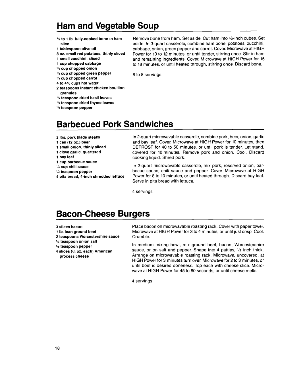 Whirlpool MS1600XW manual Ham and Vegetable Soup, Pork, Bacon-CheeseBurgers, Barbecued, Sandwiches 