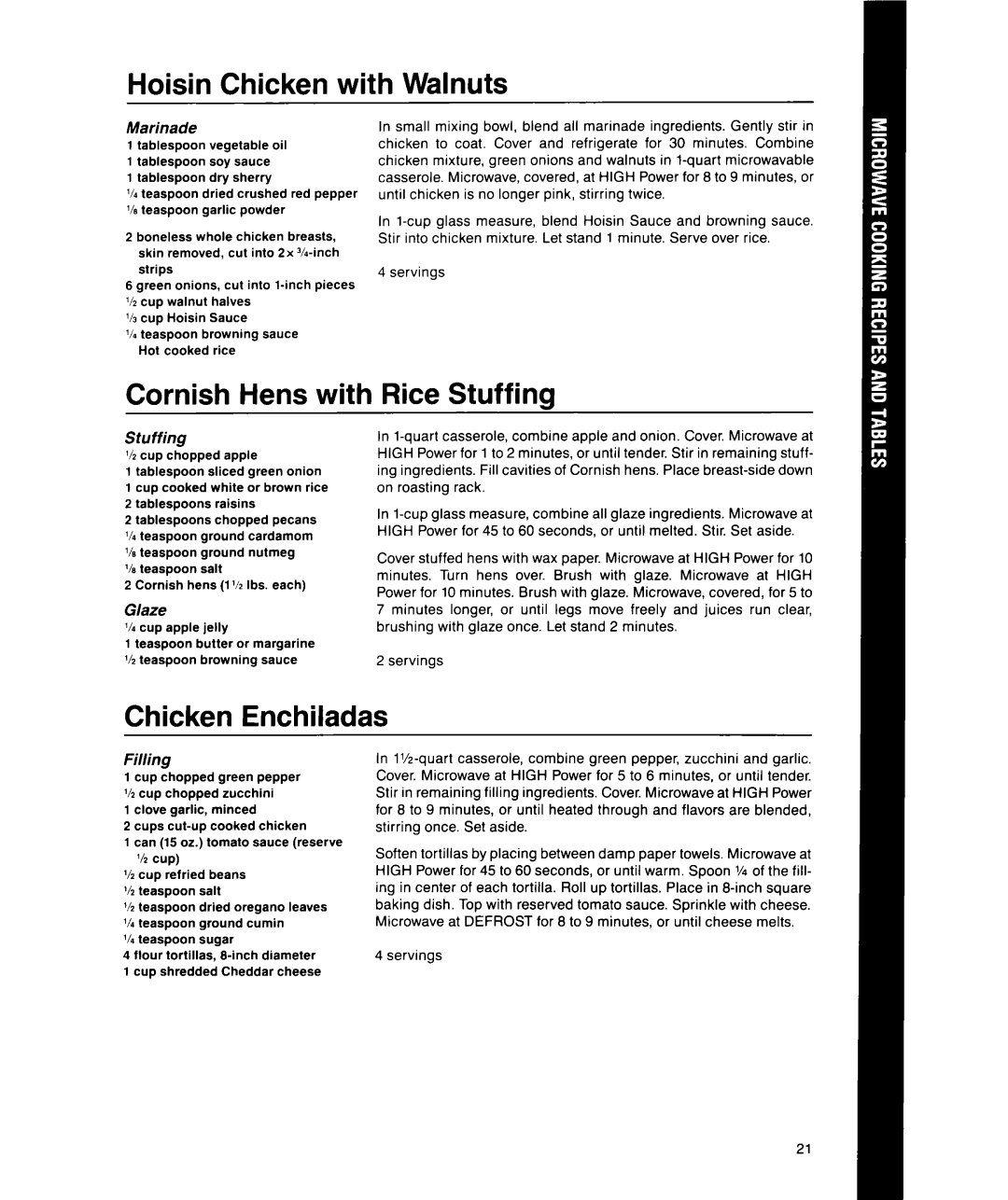 Whirlpool MS1600XW manual Hoisin Chicken with Walnuts, Cornish Hens with Rice Stuffing, Chicken Enchiladas, Glaze, Filling 