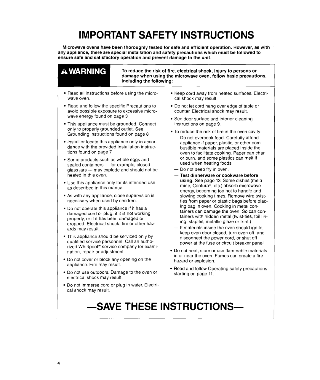 Whirlpool MS1600XW manual Important Safety Instructions, Savethese Instructions 