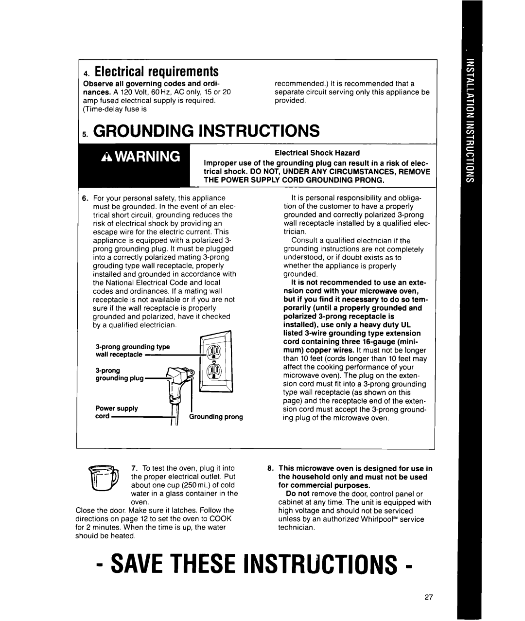 Whirlpool MS1451XWI, MS1650XW manual Grounding Instructions, ElecPricalrequirements, Prong grounding type Power supply Cord 