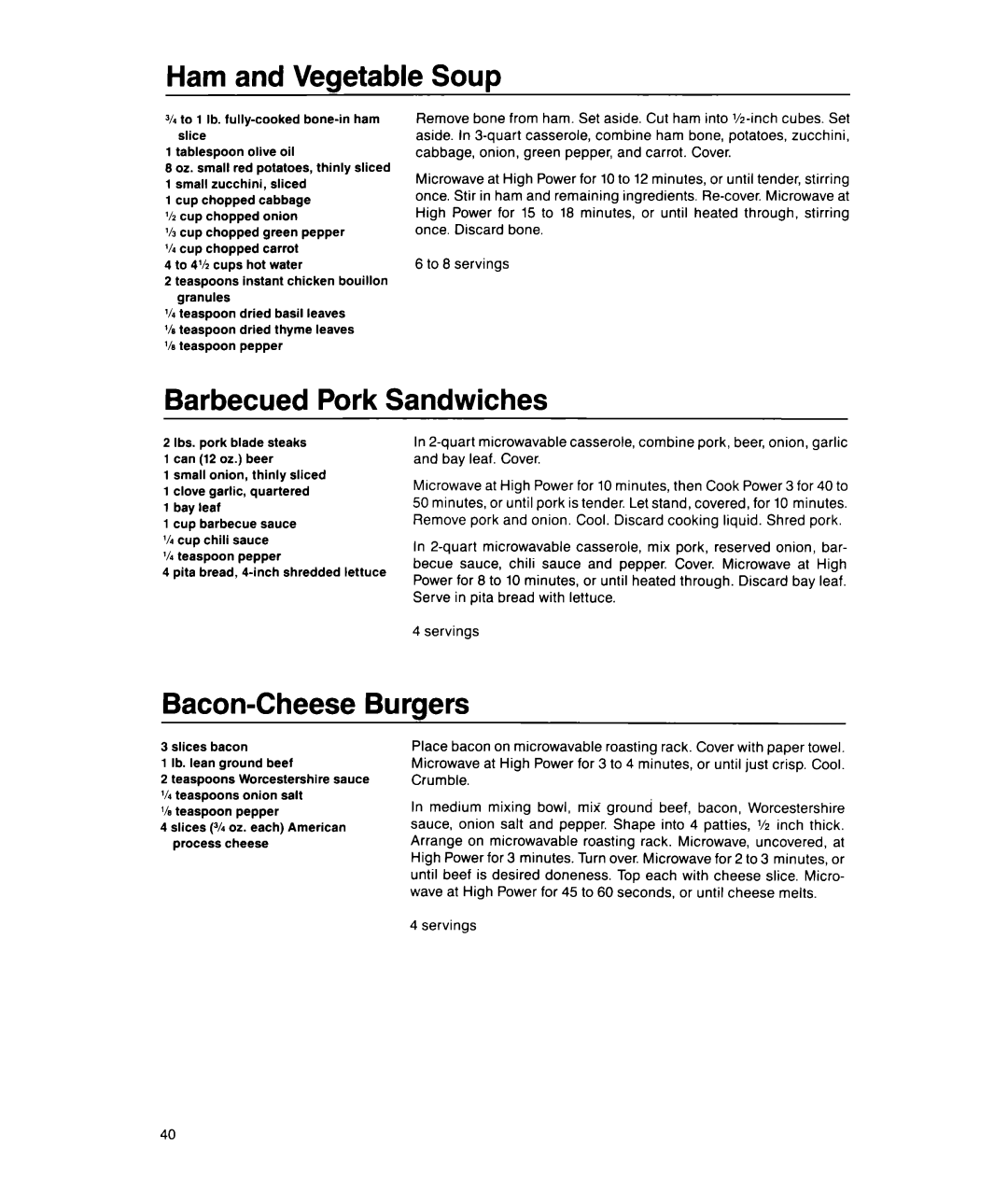 Whirlpool MS1650XW, MS1451XWI Ham and Vegetable Soup, Barbecued Pork Sandwiches, Bacon-Cheese Burgers, Bav Leaf. Cover 